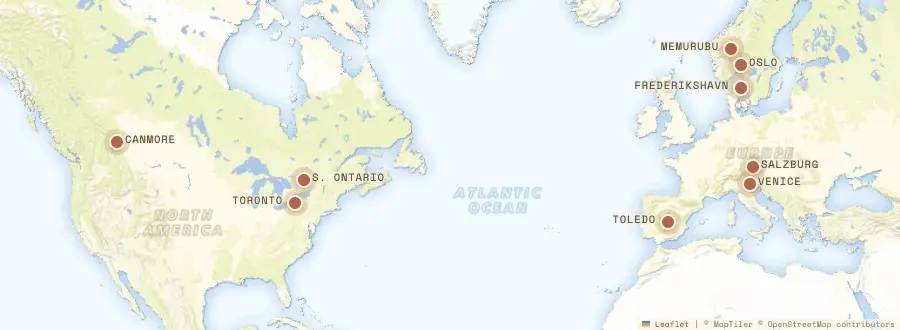 A map of the North Atlantic with watercolour pins marking sketched places — Canmore, southern Ontario and Toronto in Canada across to Toledo, Venice, Salzburg, Frederikshavn, Oslo and Memurubu in Europe
